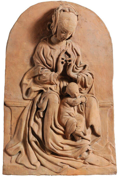 Cosmè Tura, attrib., Madonna and Child (Madonna col Bambino), ca. 1460–70; Terracotta, 23 1/4 x 15 1/8 x 6 1/4 in.; Grimaldi Fava Collection