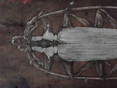 Il mio vecchio tavolo  - olio, acrilico, indelebile, dettaglio - Courtesy Simone Miccichè