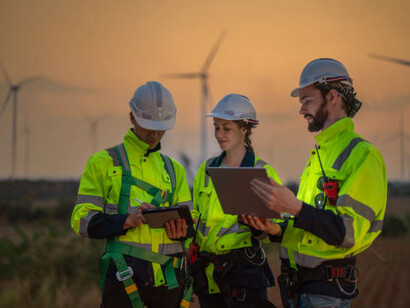 A team of engineers checking wind turbine construction, supporting clean energy and environmental sustainability