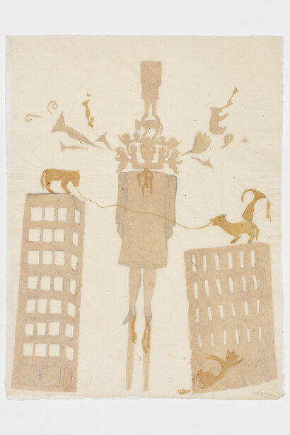 Laura Anderson Barbata, Autorretrato (Viernes en Tamaulipas), 2012, collage using various hand-made papers on two sheets of paper, 20x14 3-4 inches, photo by Olympia Shannon. Courtesy the artist and Marlborough New York