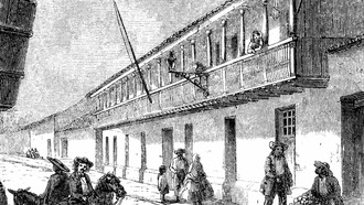 Casa de don Juanito Mora en 1858, en dibujo de Ramón Páez. Fuente: dominio público