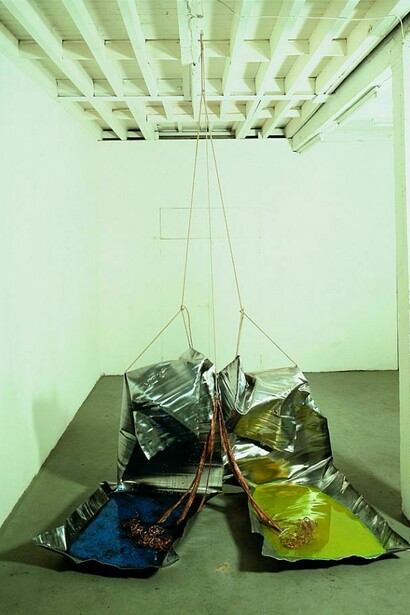 Gilberto Zorio, Leads II, 1968, Sheets of lead, copper sulphate, hydrochloric acid, copper braid, rope, Dimensions variable, image Courtesy of the Artist and Blain|Southern