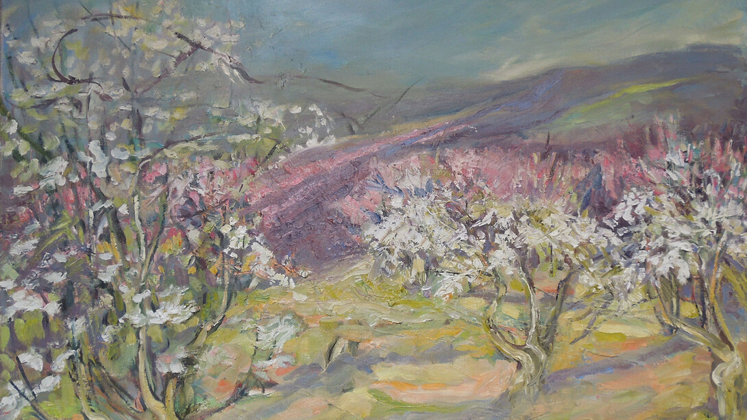 Mary-Jane Alexander, Through the Cherry and Peach Blossom, oil on canvas, 80 x 80 cm