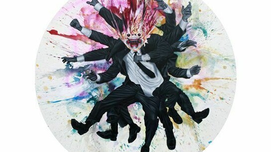 Zach Johnsen “Council on Conservation” (2014)
watercolor, acrylic and smoke bomb on round wood panel, 39″ x 39″