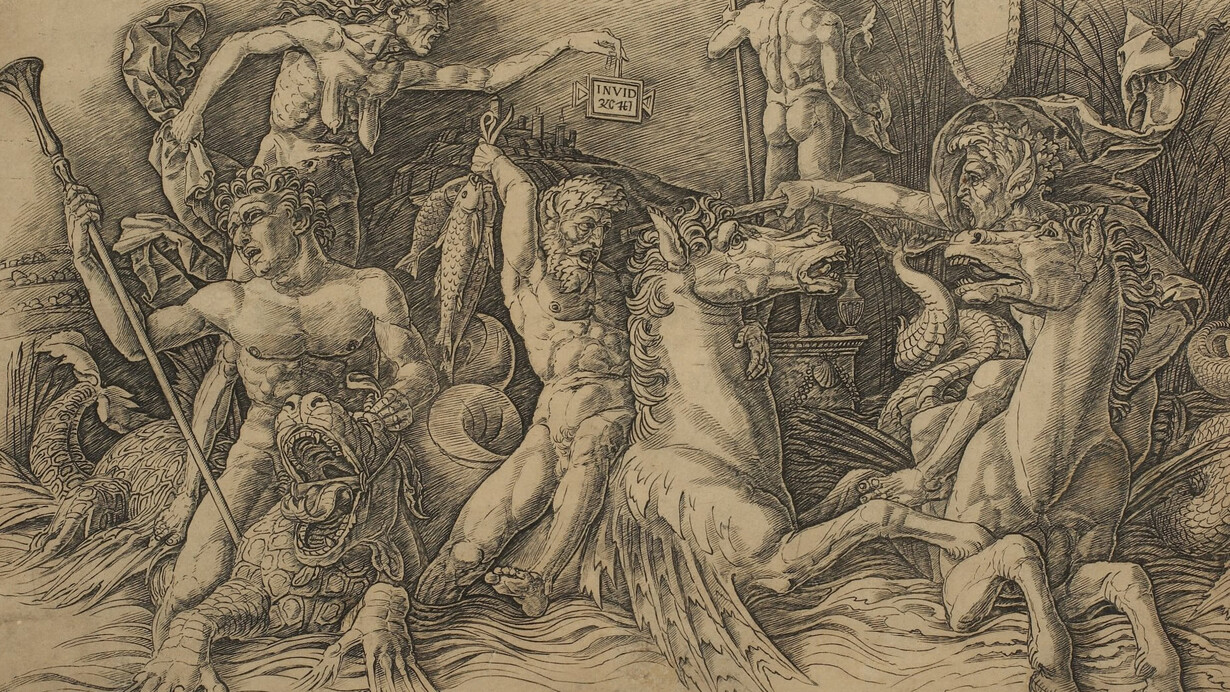 Andrea Mantegna, Le combat des dieux marins (partie gauche), v. 1485–1488, gravure au burin sur papier vergé, 28 × 42,7 cm. Musée des beaux-arts du Canada, Ottawa. Acheté en 1915. Photo : MBAC