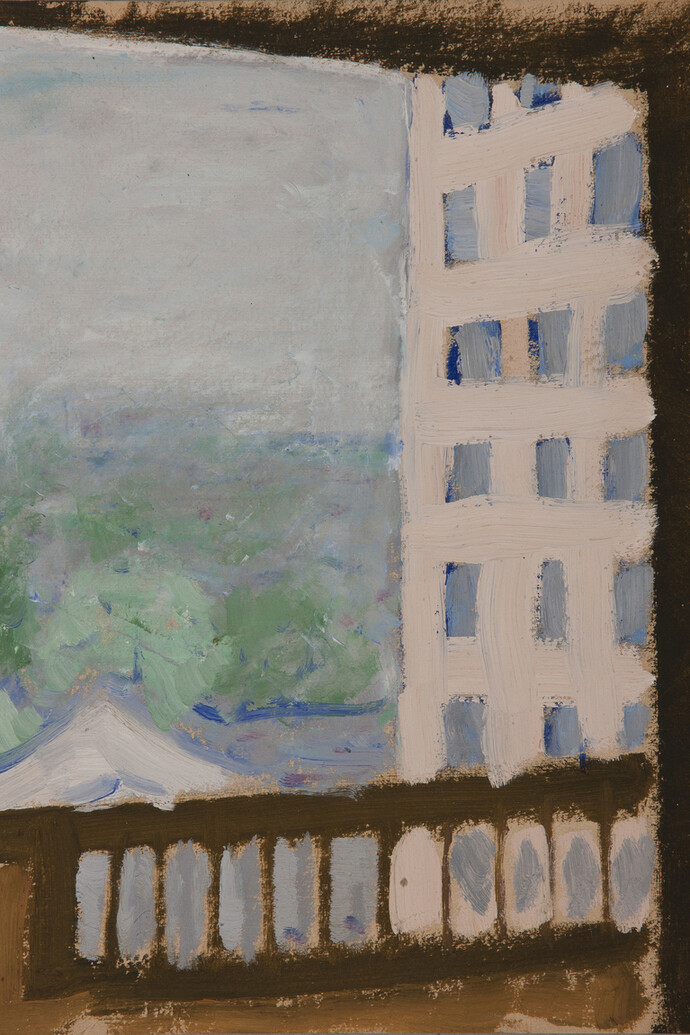Zhang Wei 張偉
Fusuijing Building
1975
oil on paper
26 x 19cm
M+ Sigg Collection, Hong Kong
Courtesy of the artist and West Kowloon Cultural District Authority