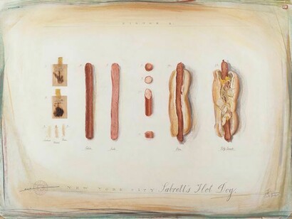 Candy Jernigan, The New York Collections, Sabrett's Hot Dog, September 16, 1985, Pastel, pencil, rubber stamps, and food smears on paper, Paper: 22 x 30 inches (55.9 x 76.2 cm), Frame: 26 x 34 x 1 inches (66 x 86.4 x 2.5 cm)