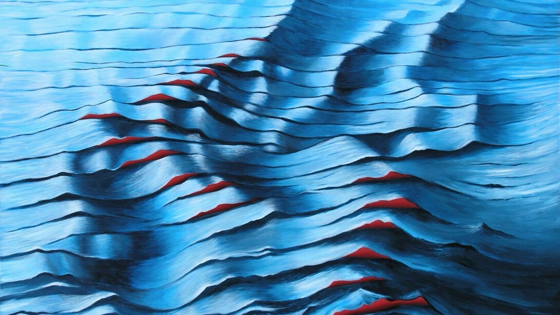 Anna VanMatre. Lazure Blue Red. 2015. Acrylic on cut canvas with red background. 40 x 30 inches