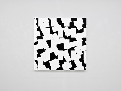 François Morellet, 3D – bandes décimées n°4, 2014, acrylic on canvas on wood; 150 x 150 cm / (59⅛ x 59⅛ in). Unique © the artist, image Courtesy of François Morellet and Blain|Southern, Photo: Atelier Morellet  