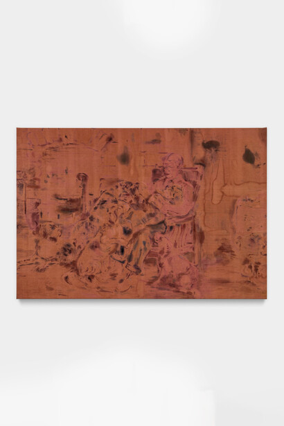 Erin Trefry,
A tale of giant tricks, 2024.
Oil on cotton fabric,
43 x 63 in / 109.22 x 160.02 cm. Courtesy of the artist and Lowell Ryan Projects