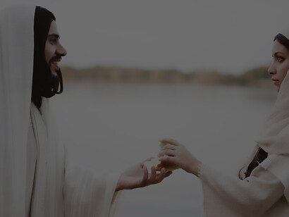 A woman clad in biblical attire reaches out to snatch bread from the hand of a saint