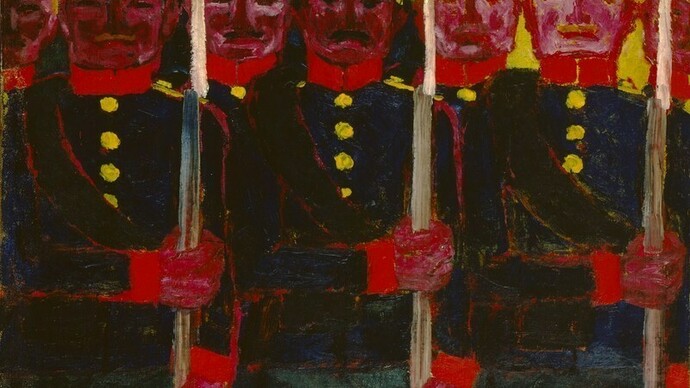Emil Nolde, Soldaten, 1913. Öl auf grober Leinwand (Sackleinen), Nolde Stiftung Seebüll, Neukirchen