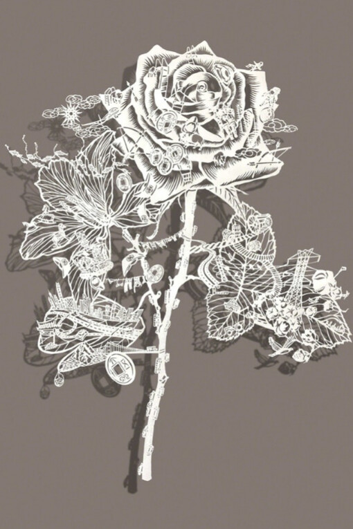 Bovey Lee, A Tale of Two Flowers, 2018, Cut paper, Chinese xuan paper on silk, 37 1/2 x 32 3/4 in.
 