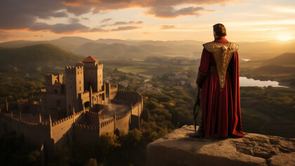 Overlooking the city and castle, a mighty king commands his domain with authority and strength