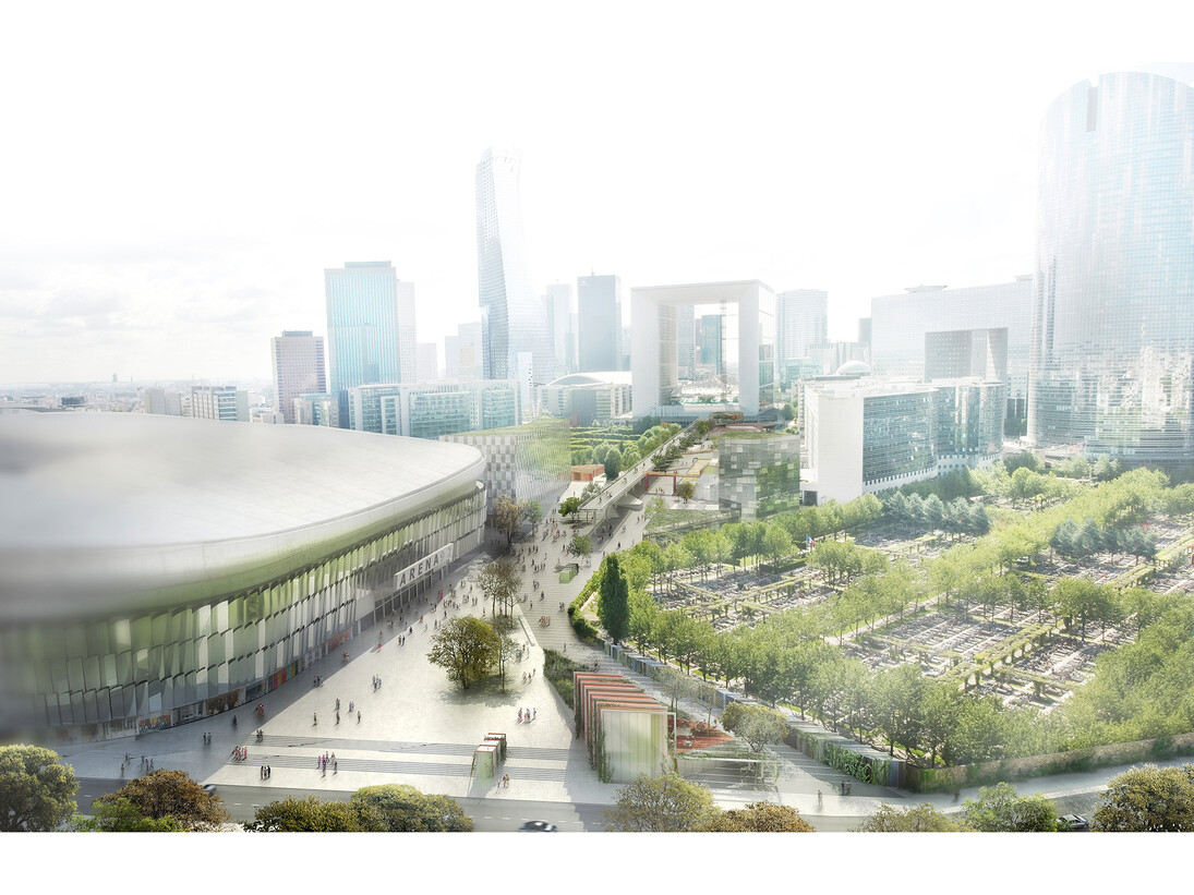 The Arche’s Promenade, La Défense, Client: Epadesa, Location: Jardins de l’Arche, La Défense, France, Type: Public space and follies, Project: New metropolitan public spaces and follies located at the foot of the Grande Arche and the new stadium Arena 92, Area: 28.000 m2, Cost: 17 M €, Competition: 2011, 1st prize, Delivery: 2016, Project team: leading architect: AWP (Marc Armengaud, Matthias Armengaud, Alessandra Cianchetta); engineering: Grontmij, 8’18’’, AEU
