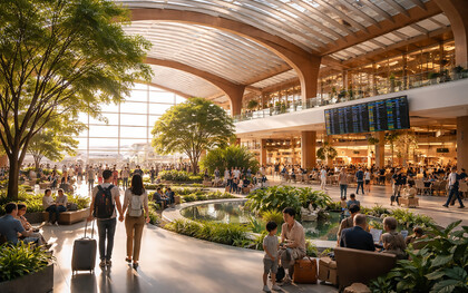 A contemporary airport terminal where architecture, daylight, and greenery come together to create a calm, intuitive, and human-centered travel environment