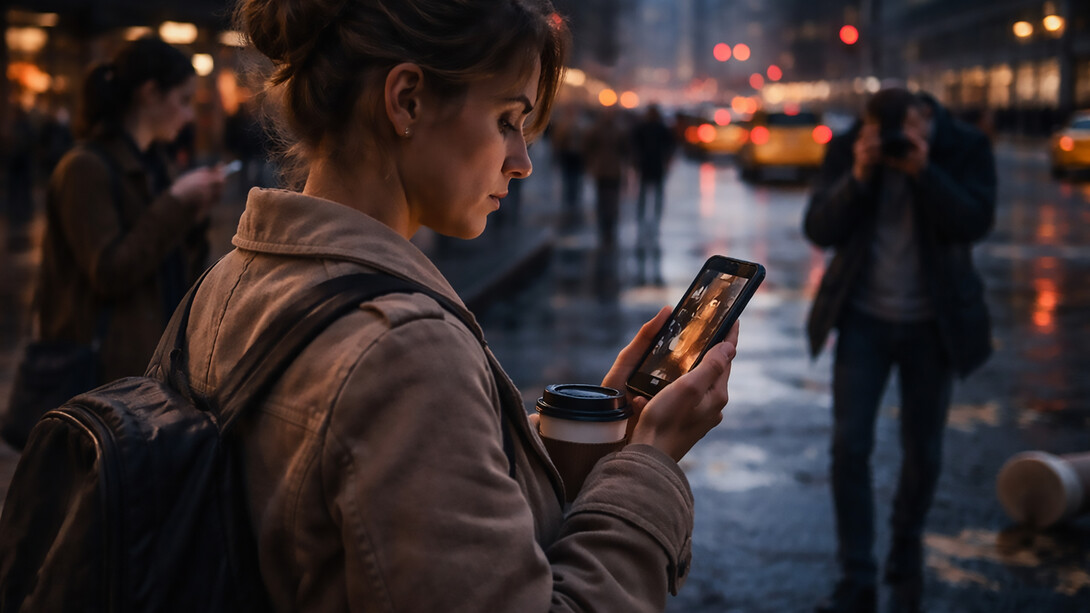 A woman watches a vertical drama on her phone while standing on a busy city street, reflecting how smartphone storytelling has become part of everyday life