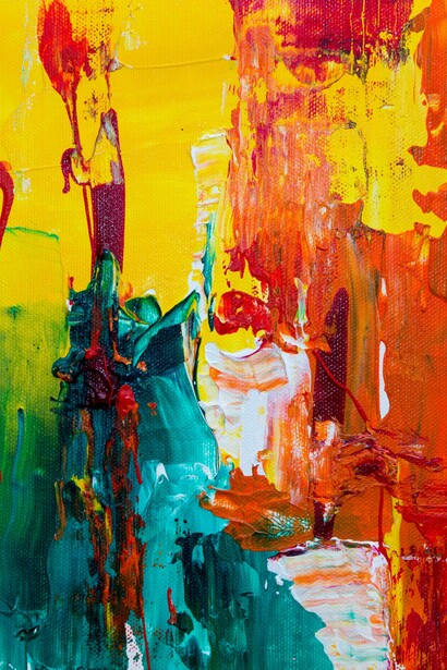 Abstract painting in vibrant shades of orange, red, and green