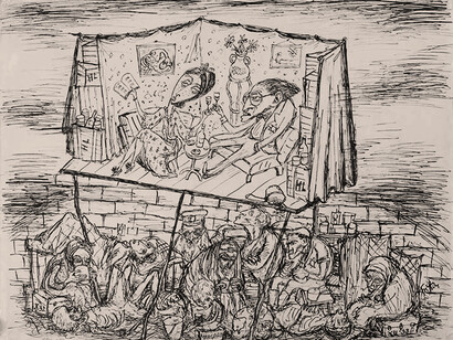 Caricatura de los prisioneros «prominentes» de Theresienstadt, por Bedřich Fritta 