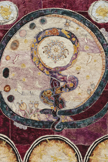 Omar Mendoza. Belleza Fatal (detail), 2022. Zacatlaxcalli, alder, brazilwood, spirulina, Mexican honeysuckle, kina, prickly pear cactus, turmeric, mysterious green, beeswax, charcoal, rabbit tail on cotton, 25 5/8 x 19 5/8 inches (65 x 50 cm). Courtesy of Steve Turner