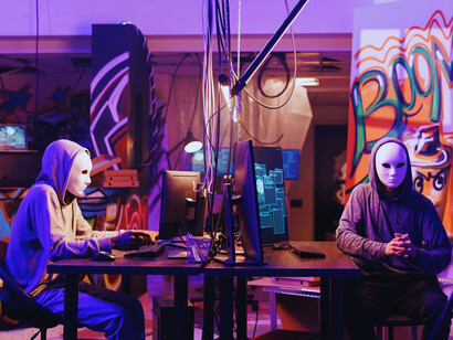 Masked figures surrounded by computer monitors, representing the hidden threats behind phishing and online fraud