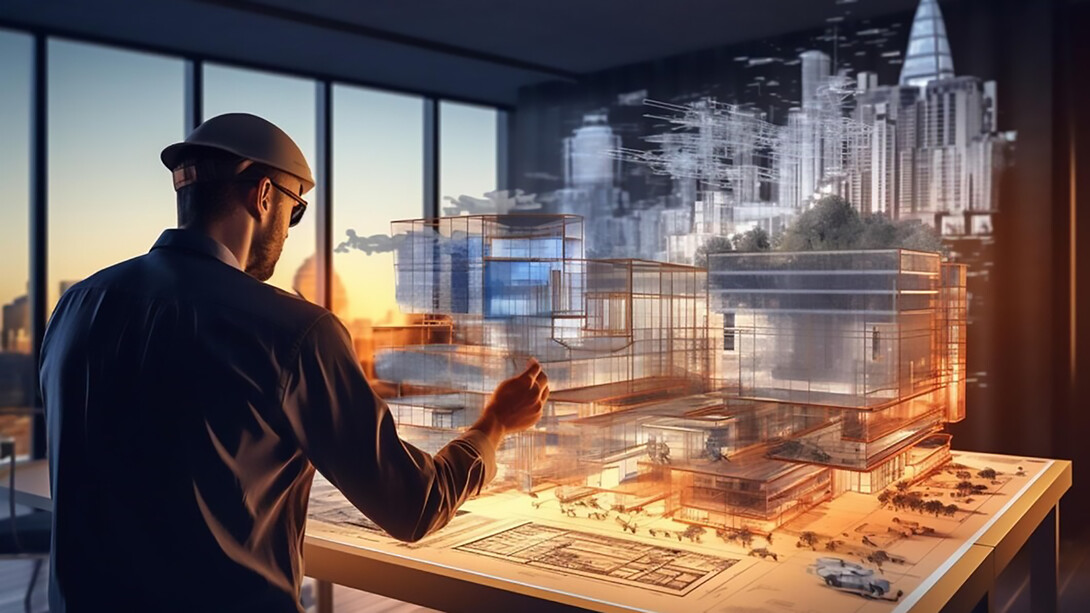 Architect using VR glasses to work on a project with advanced 3D technologies