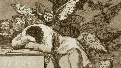 Com cada vez maior convicção penso que, se temos de recorrer a manifestações célebres e sucintas da nossa condição, a melhor escolha é a da água-forte de Goya de 1799, El sueño de la razón produce monstruos (o sono da razão produz monstros). Em vez da metáfora do movimento, a metáfora da condição