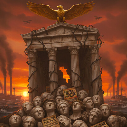 The remnants of liberal democracy crumble, buried under the weight of history and the relentless pursuit of exclusionary power. An artistic reflection on the cycles of crisis that fuel modern far-right movements