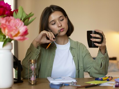 A woman trying to capture her thoughts in a journal, representing the simple pleasure of creating for oneself