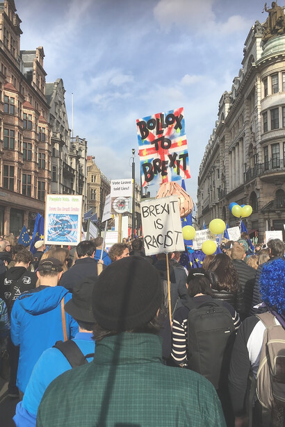 A crowd of people gathered together, holding signs and banners, protesting against Brexit, London, the UK