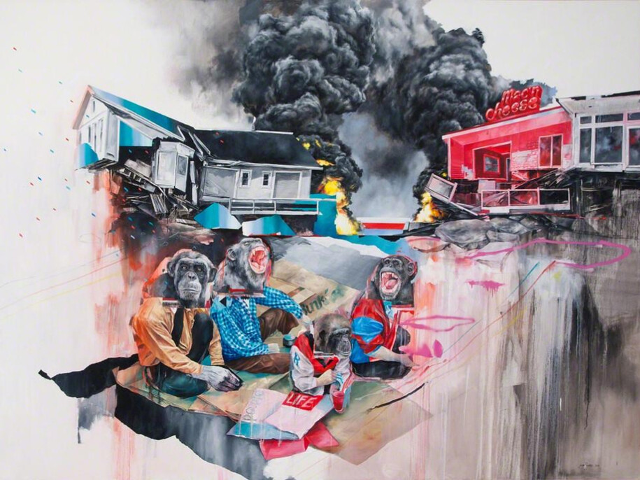 Joram Roukes, Jockey Picnic 2014, oil on linen, 72 x 120 inches, 182.9 x 304.8 cm
