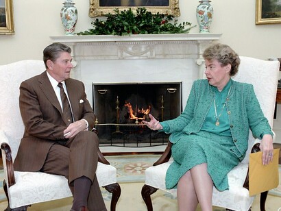 President Ronald Reagan meets with Jeane Kirkpatrick in the Oval Office on December 11, 1984