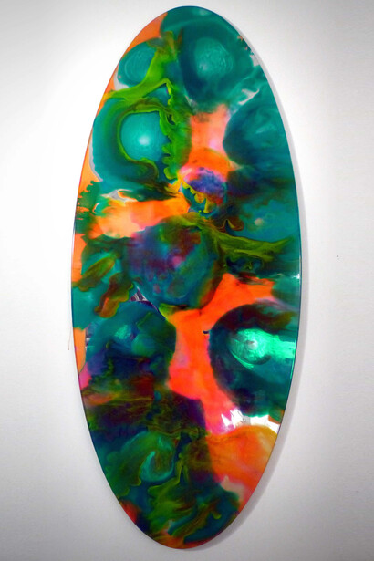 John Monti, Mirror Pour Ellipse 11 (green), 2013, pigmented urethane rubber on glass mirror, 55’’ x 23.5’’x .75’’

