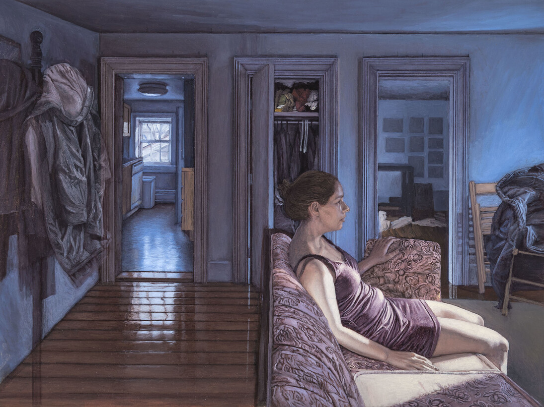 Maya Brodsky, Girl in Living Room, 2015, Oil on panel, 12” x 16”