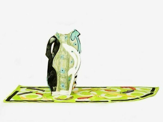 Betty Woodman, Aztec Vase and Carpet #4, 2012, Glazed earthenware, epoxy resin, laquer, paint, canvas, 36.5 x 84.5 x 35 in