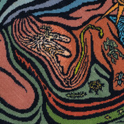 Judy Chicago, Bigamy hood (detail), 2022, Mixed media on stamped aluminum form, 13.25 x 15.25 x 0.75 in, 33.66 x 38.74 x 1.91 cm, © Chicago Woodman LLC, Judy Chicago/Artist Rights Society (ARS), New York; Photo © Chicago Woodman LLC; Donald Woodman/Artists Rights Society, New York