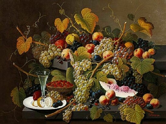 Severin Roesen (1816-1872), Two-Tiered Still Life of Fruit, about 1857-1872, Oil on canvas, 30 x 40 in.