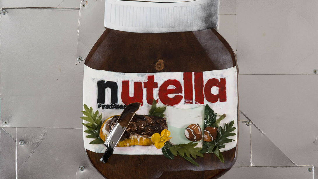 Marcello Reboani, Nutella, 2015, tecnica mista con materiali di recupero, 62 x 62 cm, ph Giorgio Benni