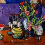 Archie Forrest, Chinese Brushes with Pink Tulips, Oil on linen, 30 x 40 ins