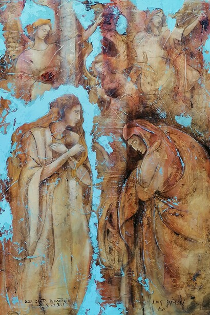 Luigi Salvatori, Incontro di Dante con Beatrice, acrilico su tela, cm 100x70
