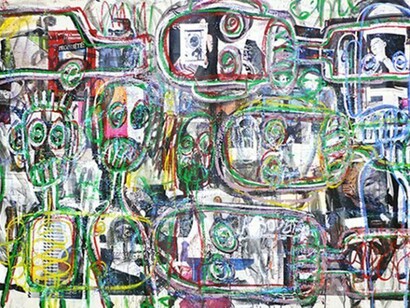 Aboudia, Abidjan Green Dreams (detail), 47x92 in., 2014