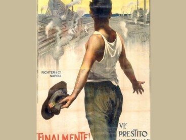 Attraverso gli irredimibili, il risparmio privato viene indirizzato verso investimenti pubblici di lungo periodo: infrastrutture, sanità, energia, sviluppo industriale. Mario Borgoni, Poster VI° Prestito nazionale "Finalmente", 1918. 140 x 100 cm. Richter & Co., Napoli, Italia