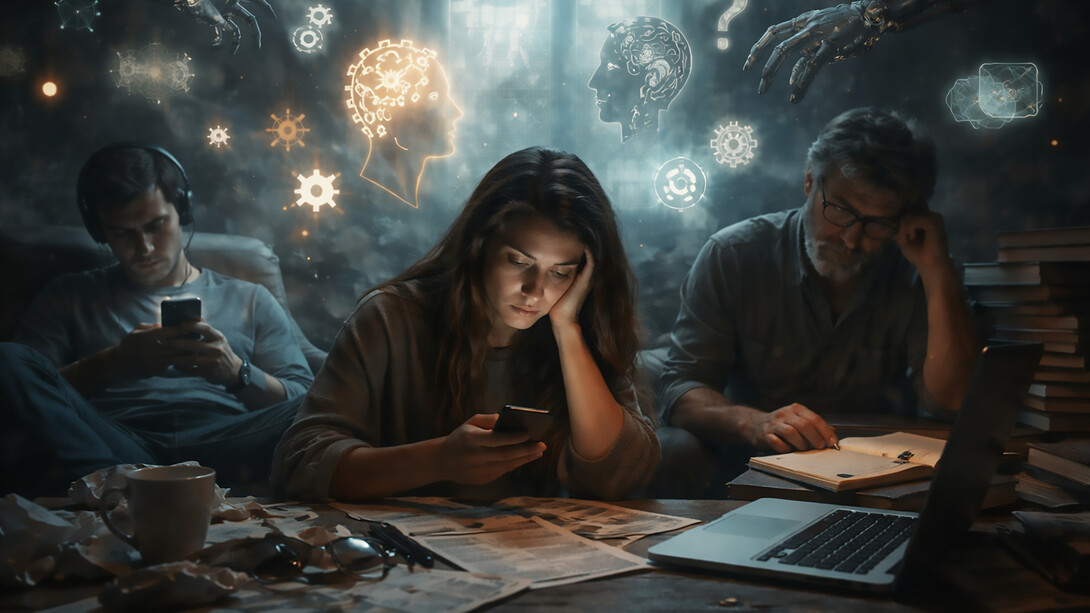 Individuals absorbed in screens and thought, reflecting isolation, information overload, and the quiet erosion of collective thinking