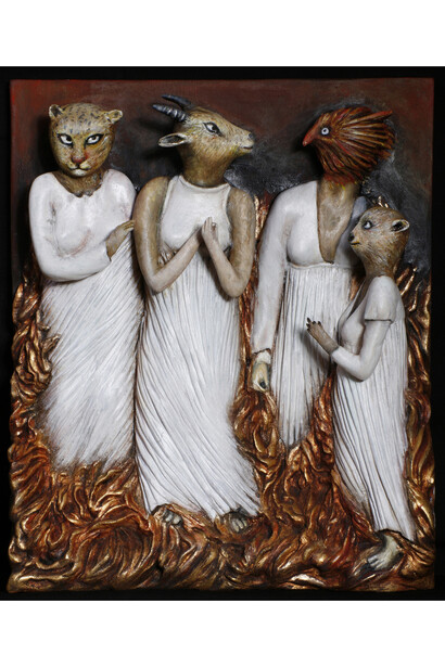 Ana Maria Pacheco, Enchanted Garden, 2014, Relief, Alabaster, tempera and gold leaf, 30 x 25 cm, on view at Norwich Castle Museum & Art Gallery
