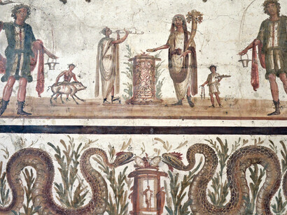 Fresco depicting two lares pouring wine from a drinking horn (rhyton) into a bucket (situla), they stand on either side of a scene of sacrifice, beneath a pair of serpents bringers of prosperity and abundance, Pompeii, Naples Archaeological Museum