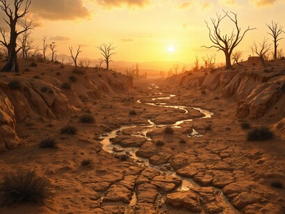 An empty, winding river cutting through parched terrain, symbolizing the growing scarcity of water and its consequences for livelihood