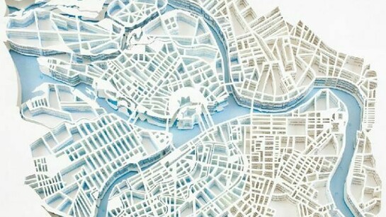 Matthew Picton, St Petersburg 1703-1963 - 2013, texts from books & poetry, musical score based upon a map of the great flood, 49 x 69 inches, framed