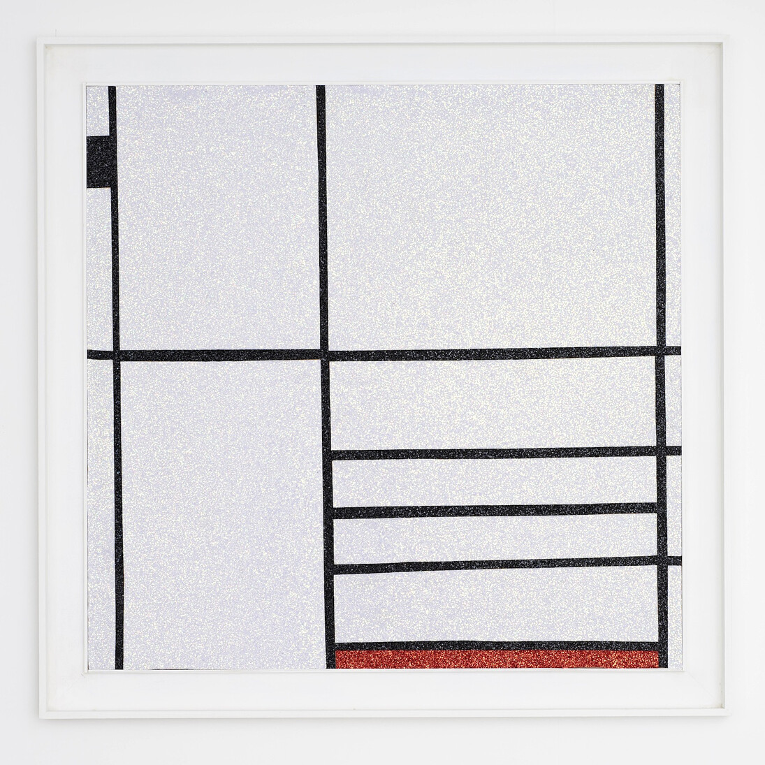 Corinne Felgate, Composition in White, Black and Red, 2014, fabric & glitter on board, Image: 102.2 x 104.1cm, Framed: 118.5 x 121cm