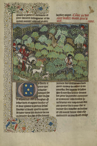 Hunters Pursuing a Deer from Book of the Hunt, about 1430–1440, French, artist unknown. The J. Paul Getty Museum