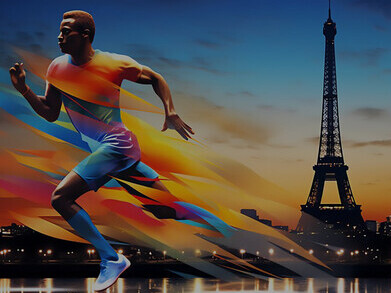 The Paris 2024 Olympic Games with a dynamic image featuring a sprinting athlete, enhanced with artificial intelligence